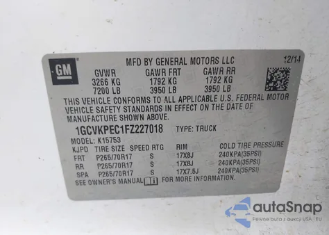 2015 Chevrolet Silverado 1500 Ls z USA, uszkodzony, nr VIN 1GCVKPEC1FZ227018